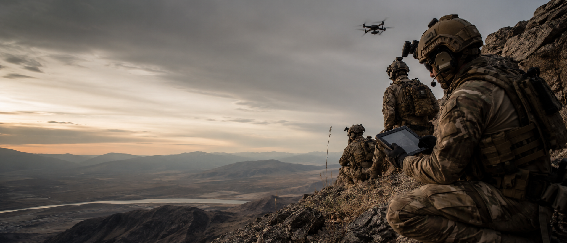 SOF operators directing a drone from a ridgeline at dusk